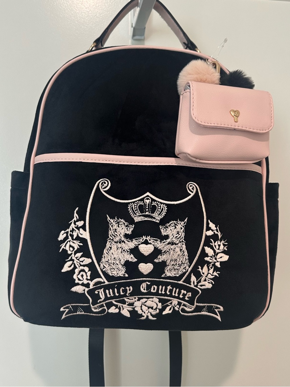 Juicy Couture Black Velvet Backpack with Pink Accents and Crest Embroidery